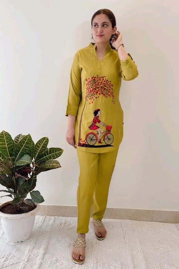 Mustard Embroidered Cotton Kurta With Pant