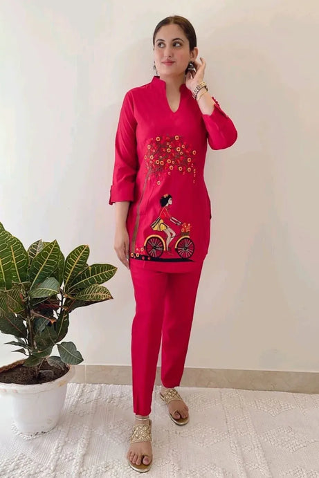 Pink Embroidered Cotton Kurta With Pant