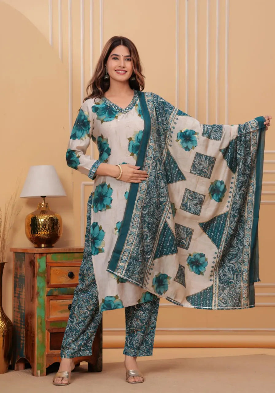 Blue Digital Floral Print Kurta Set