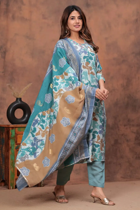 Blue Muslin Digital Foil Print Kurta Set