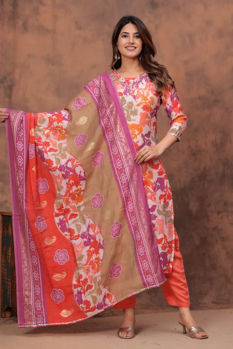 Pink Muslin Digital Foil Print Kurta Set