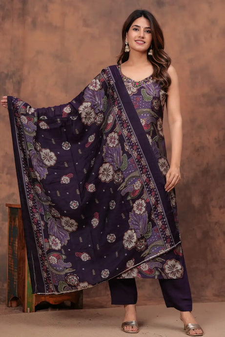 Purple Muslin Digital Foil Print Kurta Set