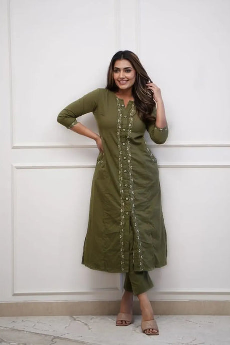 Olive Green Heavy Embroidery Kurta Pant Set