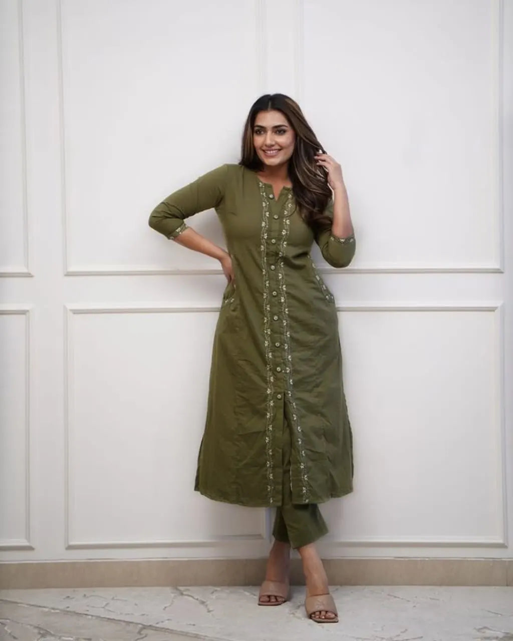 Olive Green Heavy Embroidery Kurta Pant Set