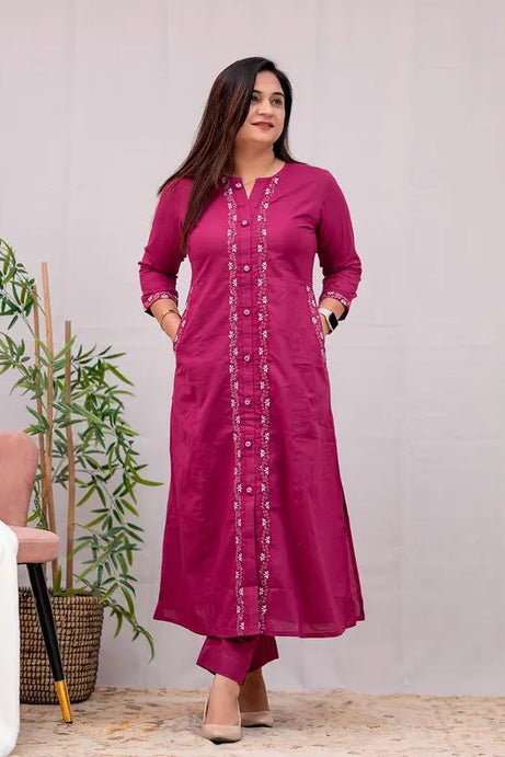 Rani Pink Heavy Embroidery Kurta Pant Set