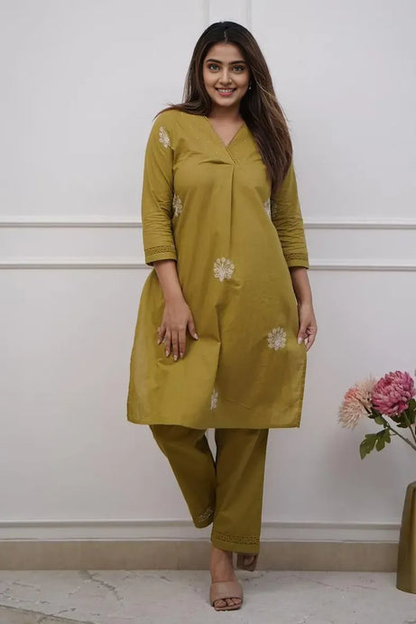 Mustard Embroidered Kurta with Pant