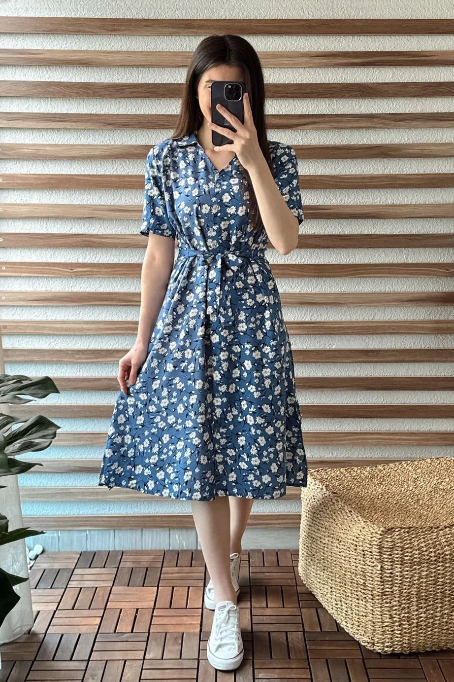 Blue Floral Collared Midi Dress