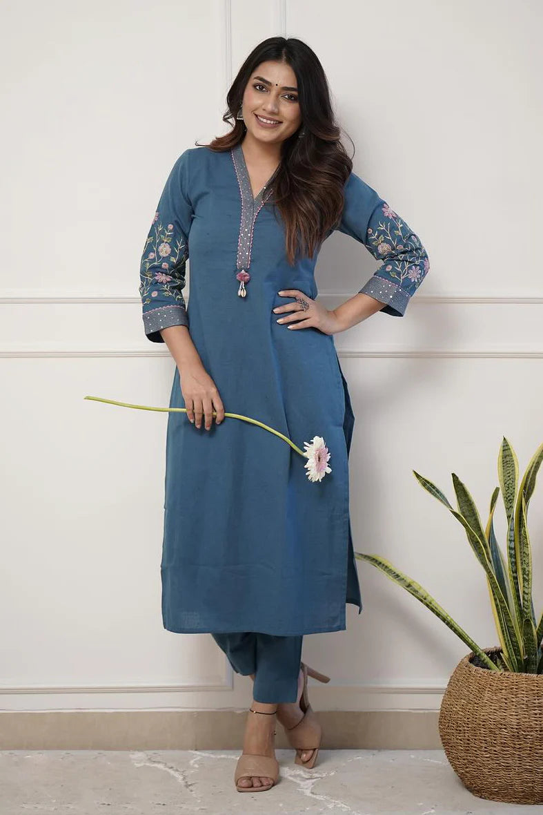 Blue Embroidered Kurta with Pant