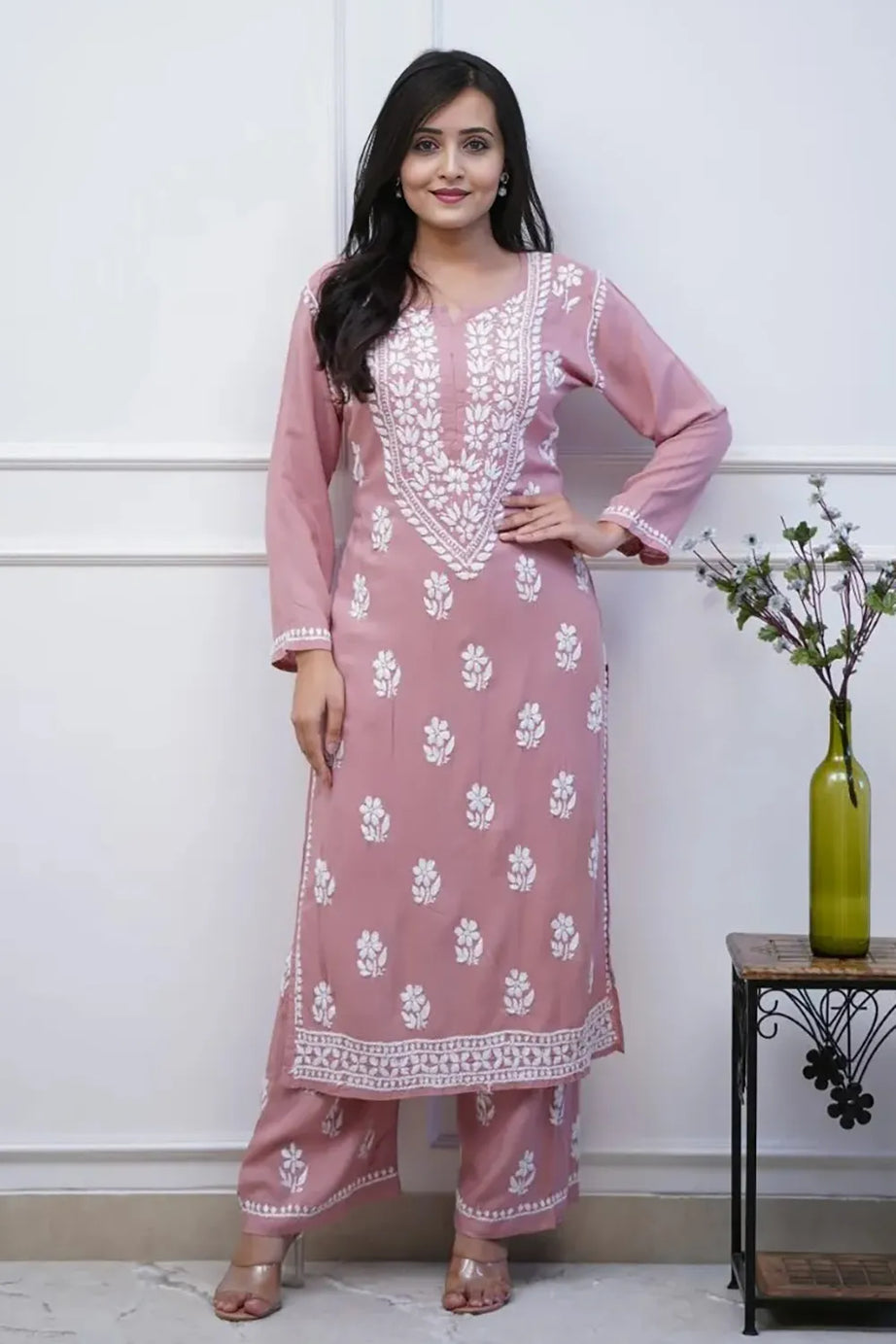 Pink Heavy Embroidered Kurta With Pant