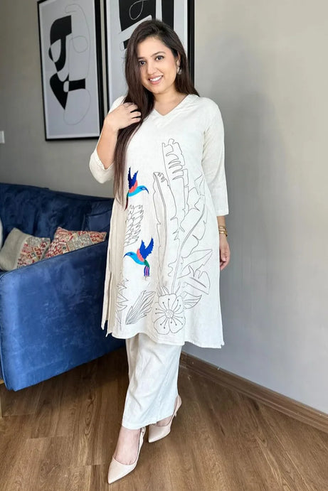 Off White Aari Work Kurta with Palazzo