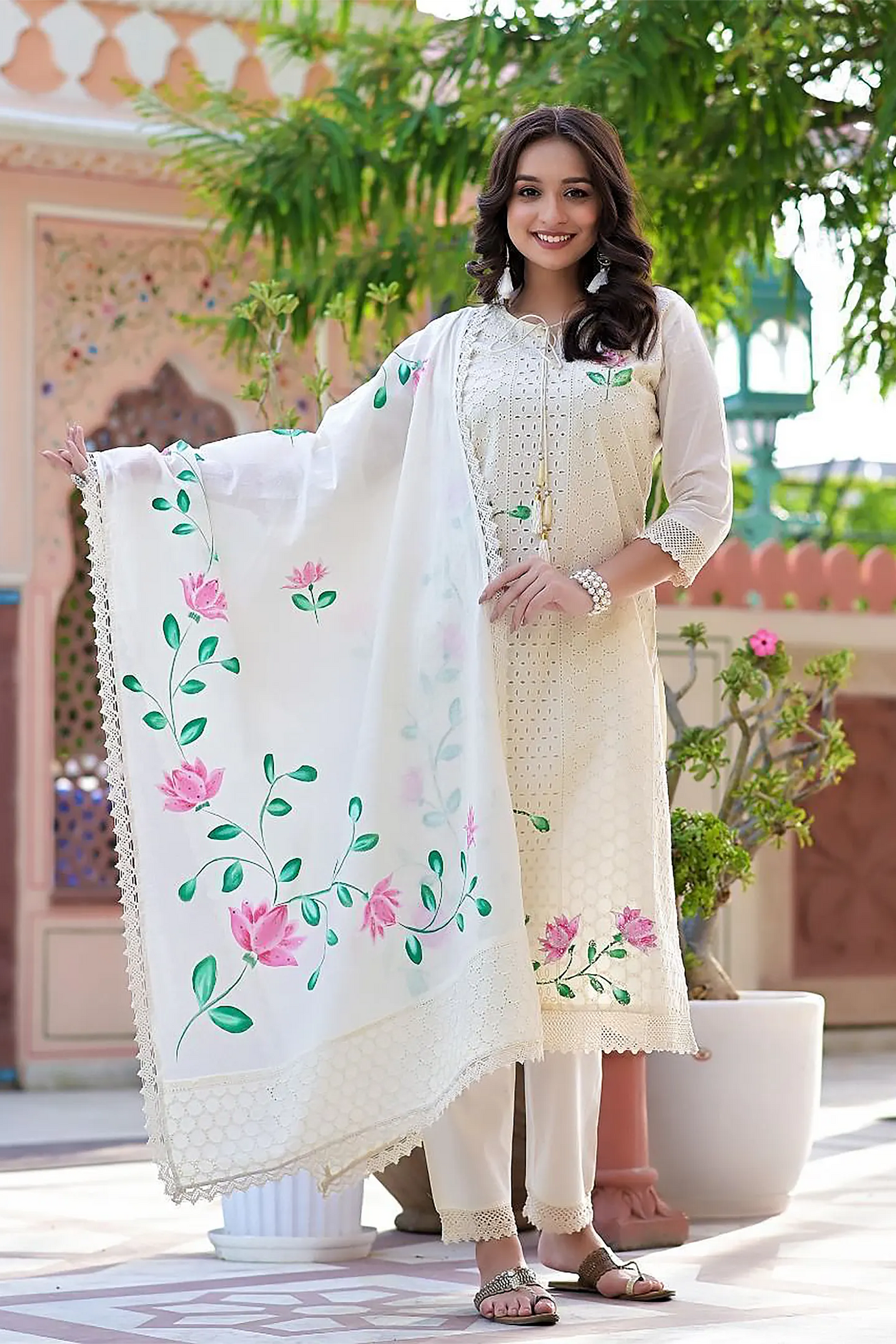 White Cotton Chikankari Kurta Set