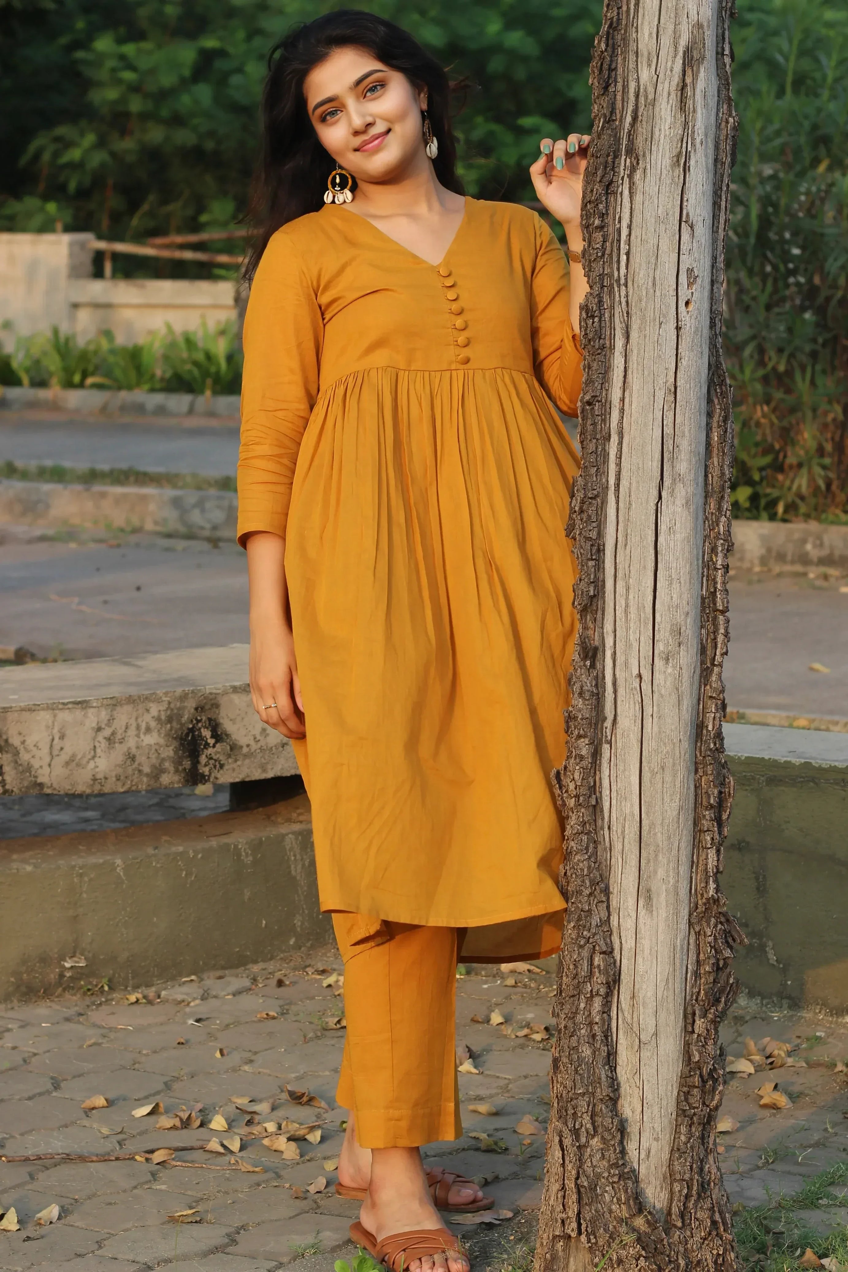 Mustard Kurta Set with Front Buttons