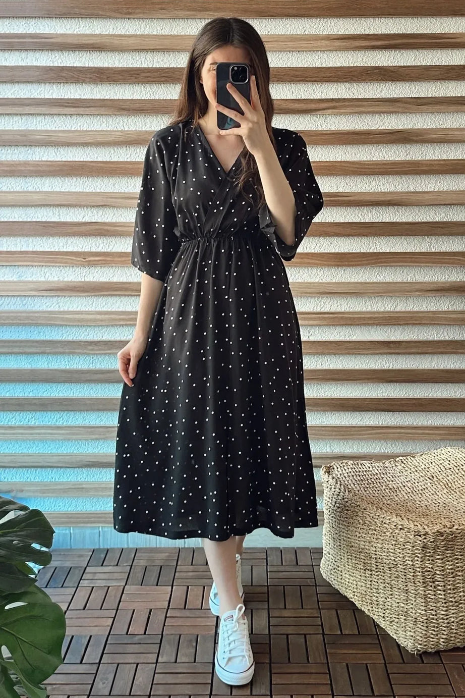 Black Double Breasted Polka Midi Dress