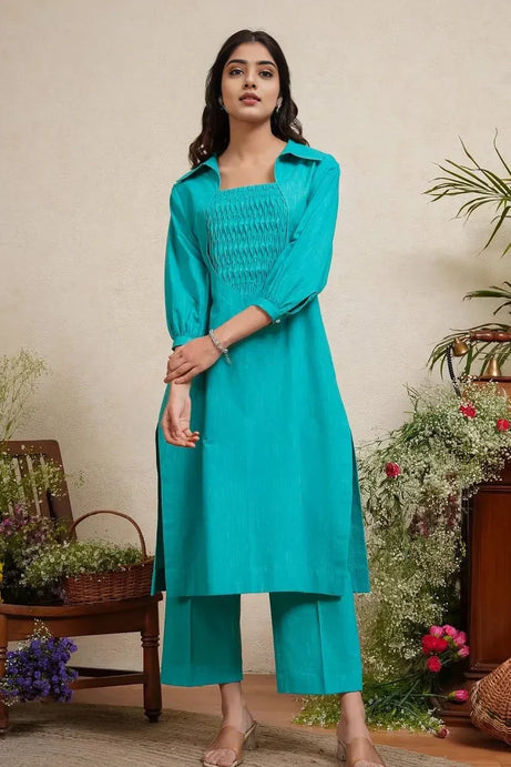 Blue Cotton Slub Kurta with Pant