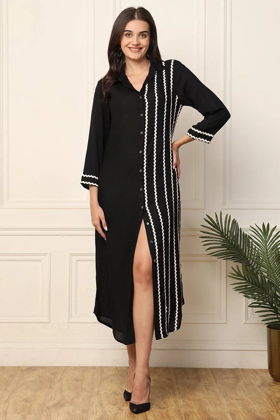 Black Front Slit Embroidered Dress