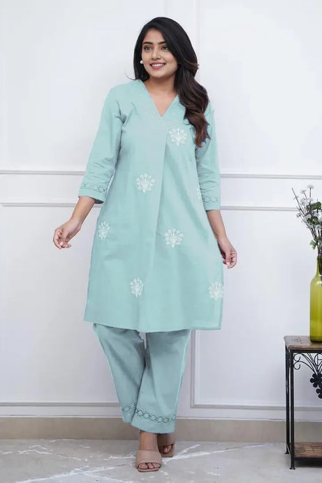 Aqua Green Embroidered Kurta with Pant