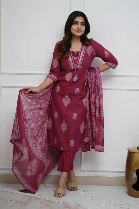 Maroon Cotton Printed Kurta Set with Dupatta