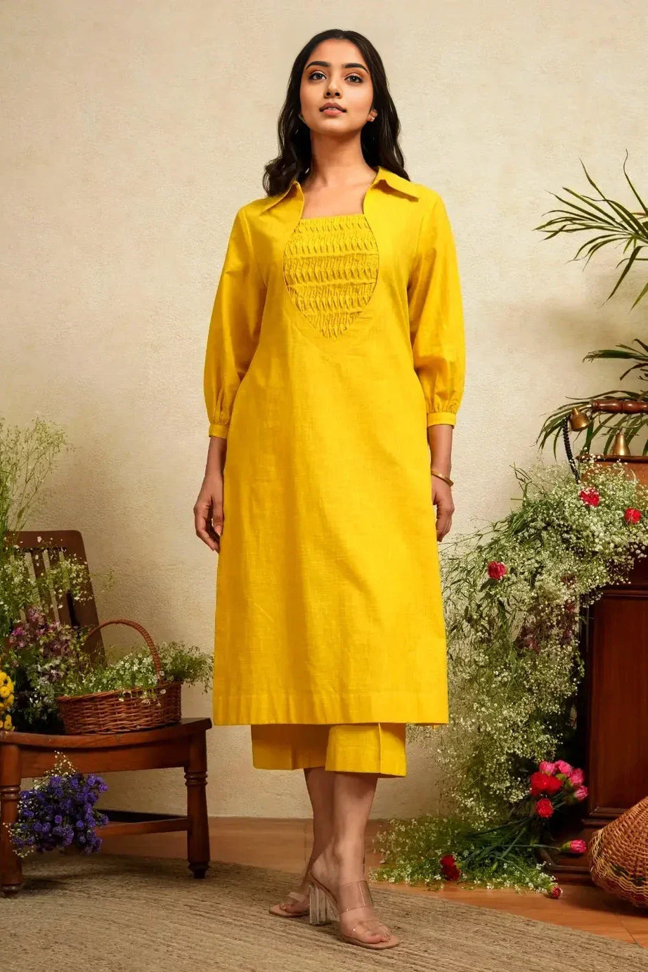 Mustard Cotton Slub Kurta with Pant