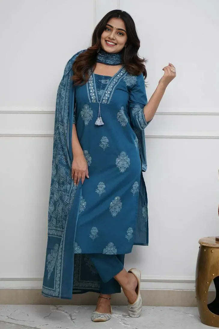 Blue Cotton Printed Kurta Set with Dupatta