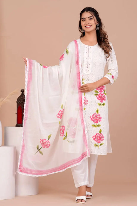 Pink Cotton Schiffli Kurta Set