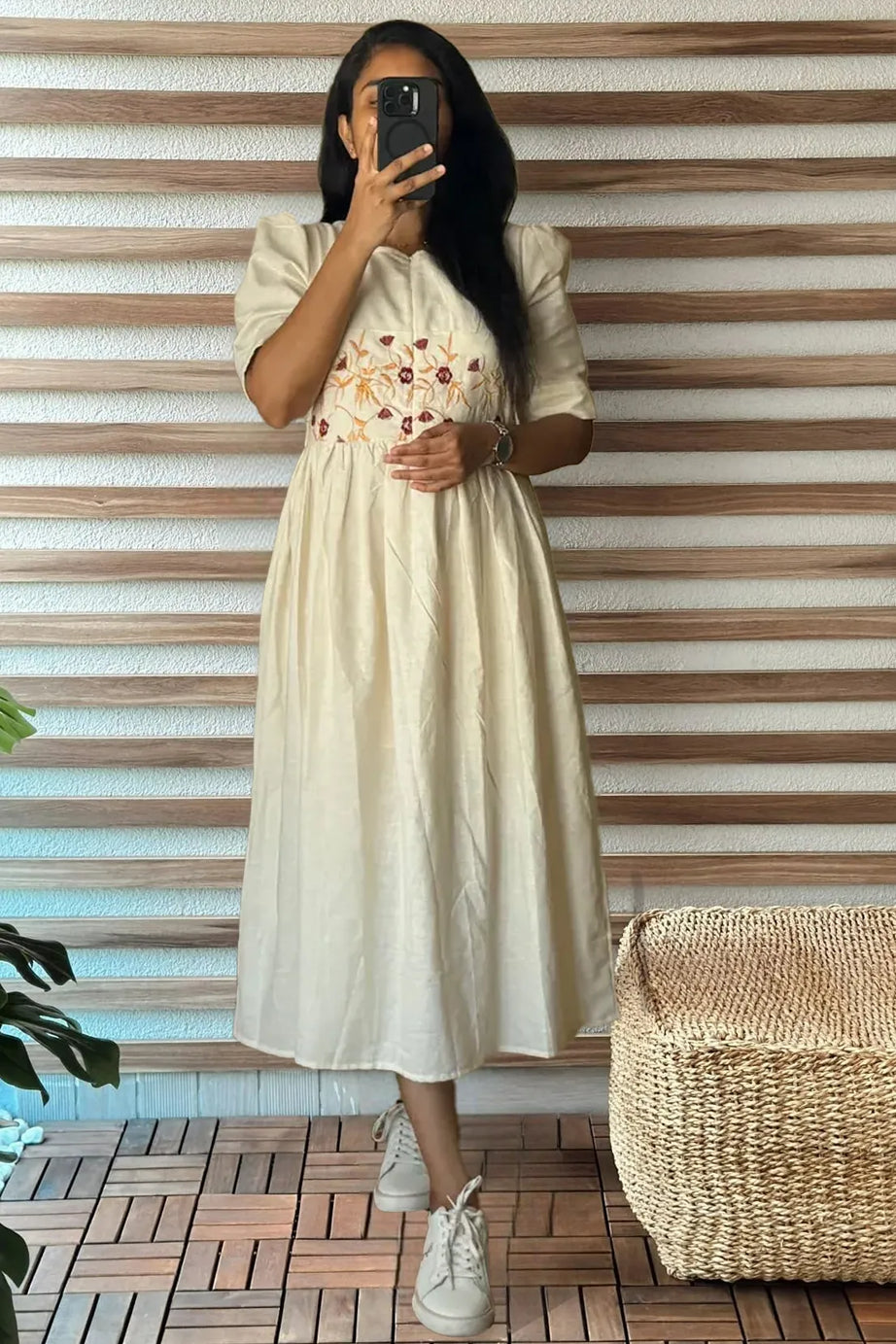 Ivory Embroidered Cotton Flex Midi Dress