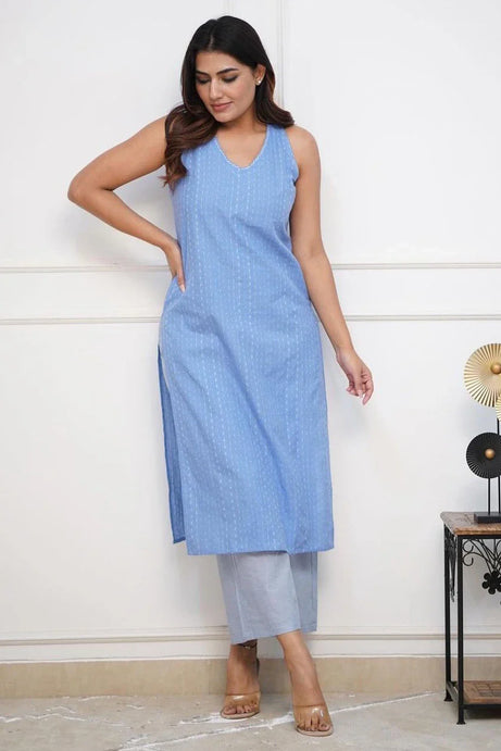 Blue Katha Sleeveless Kurta with Palazzo