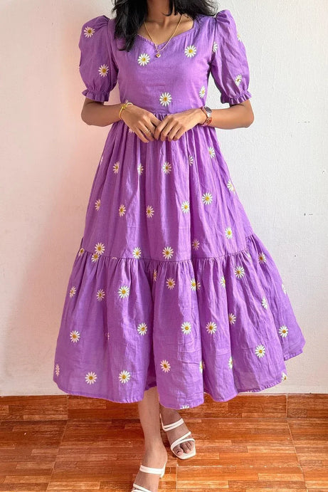 Purple Embroidered Floral Midi Dress