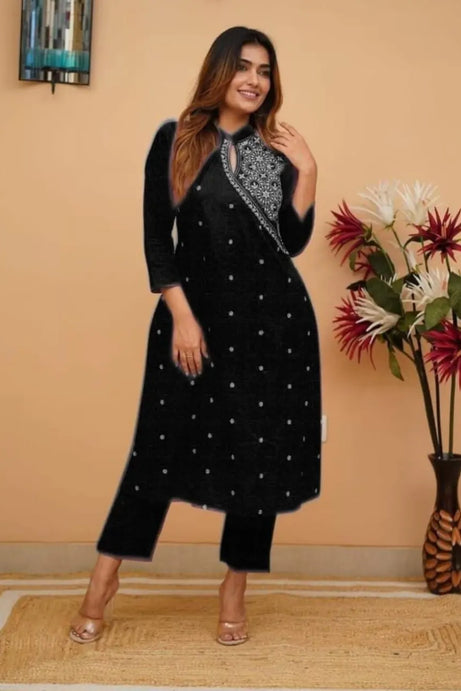 Black Embroidered Cotton Straight Kurta Set