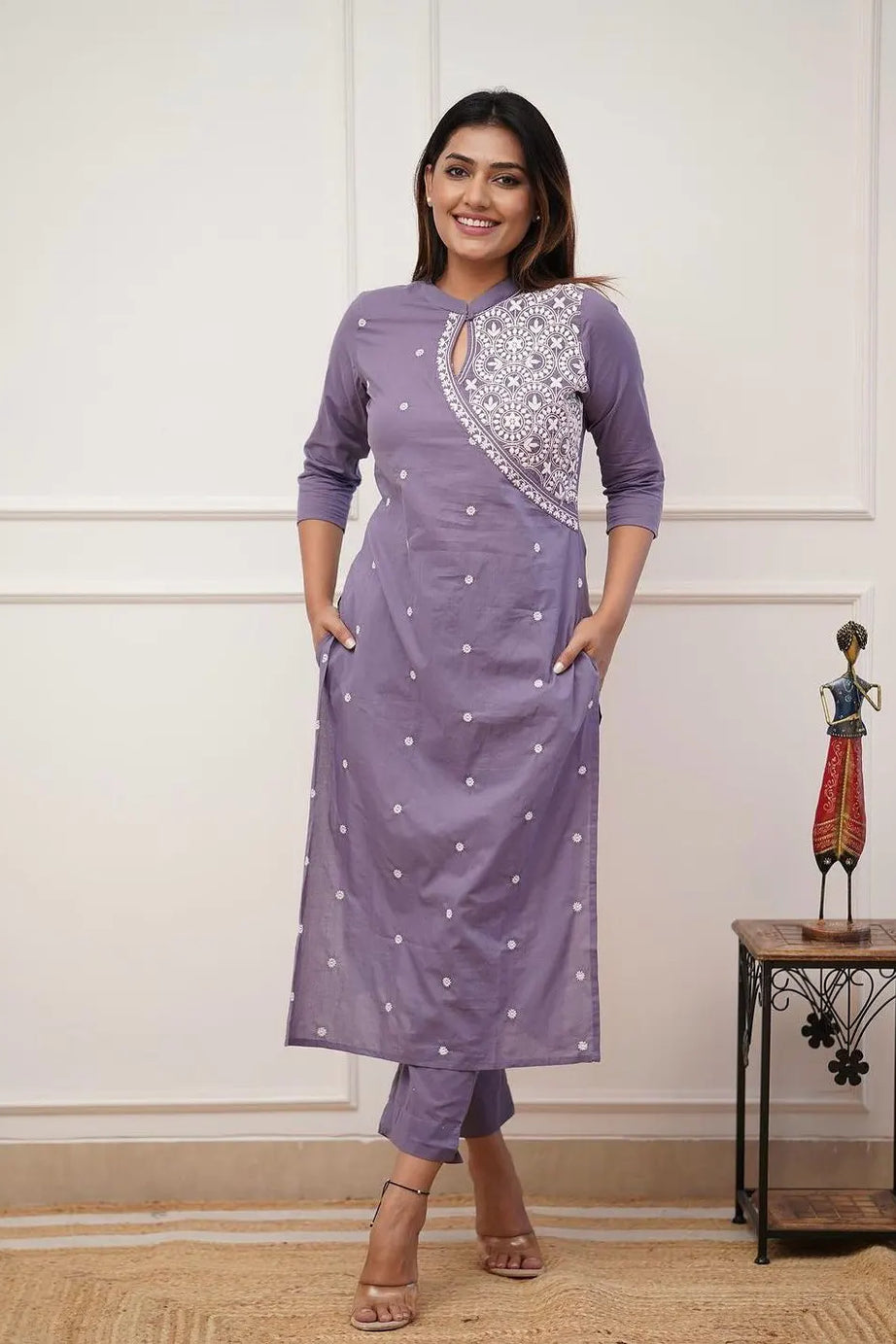 Purple Embroidered Cotton Straight Kurta Set