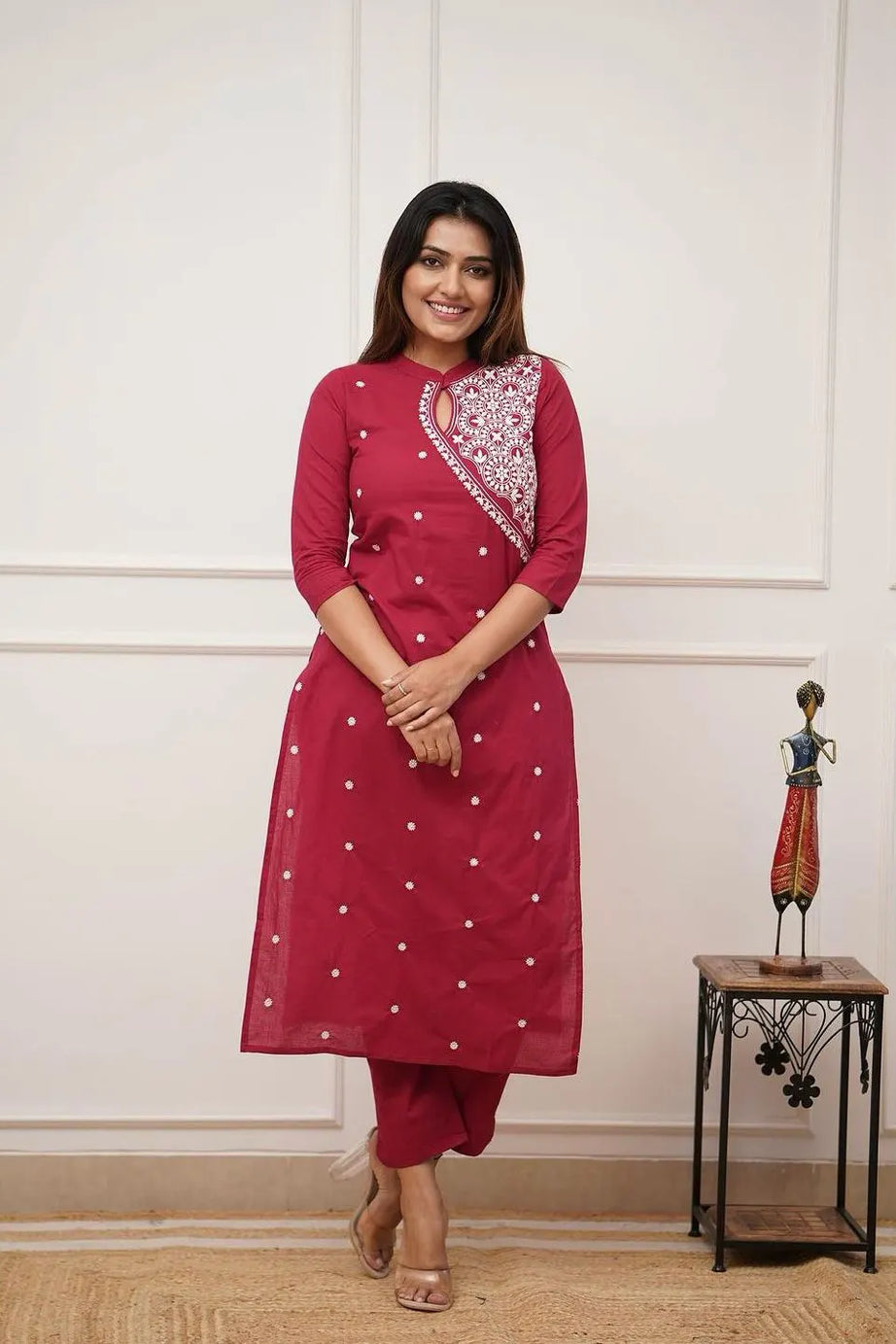 Maroon Embroidered Cotton Straight Kurta Set