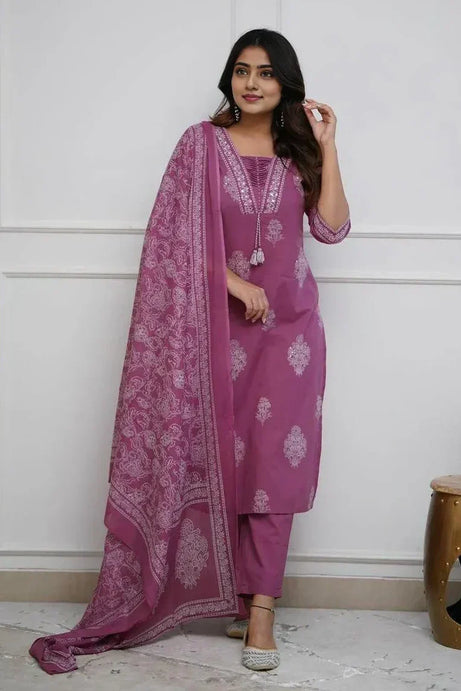 Purple Cotton Printed Kurta Set with Dupatta