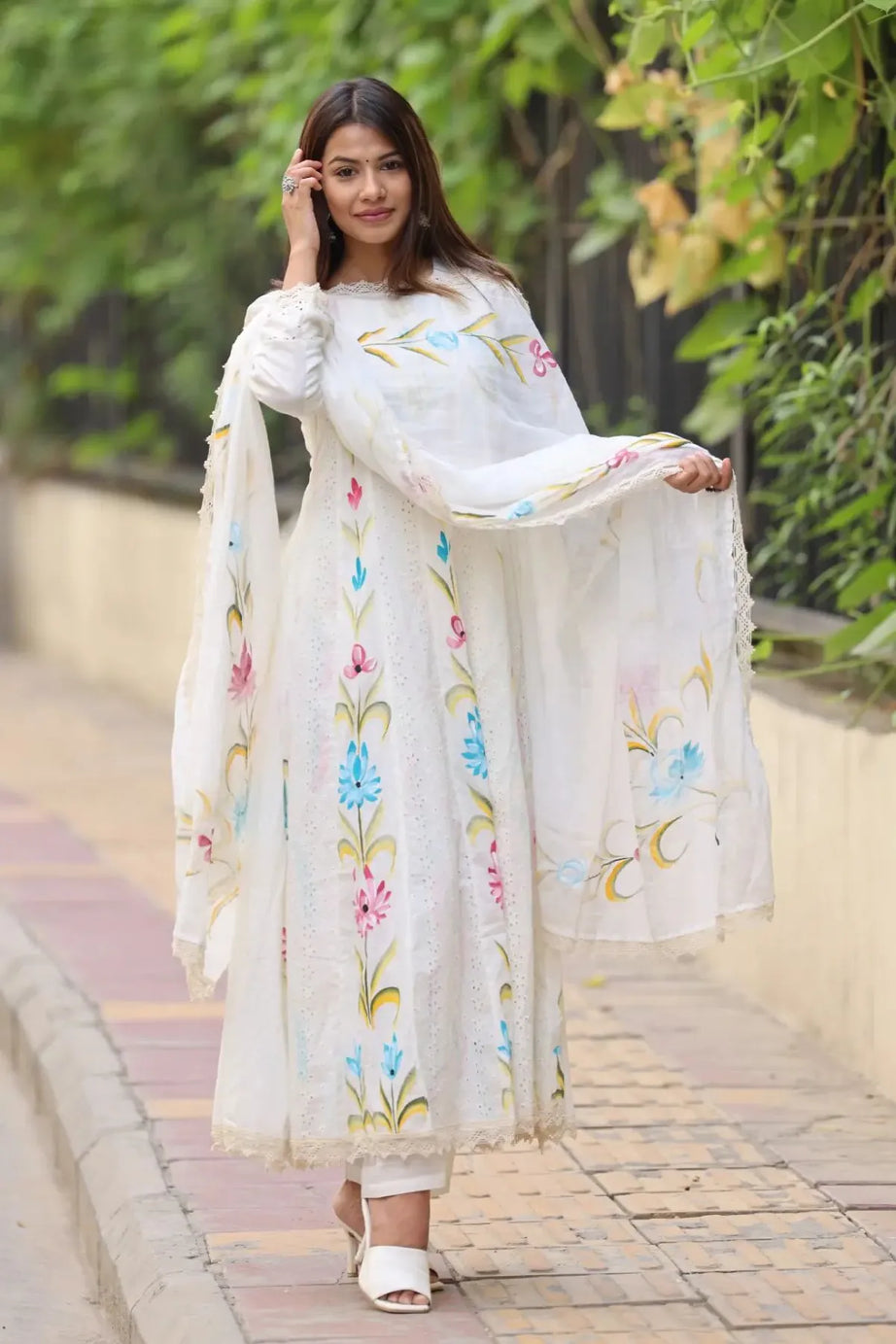 White Schiffli Flared Kurta Set