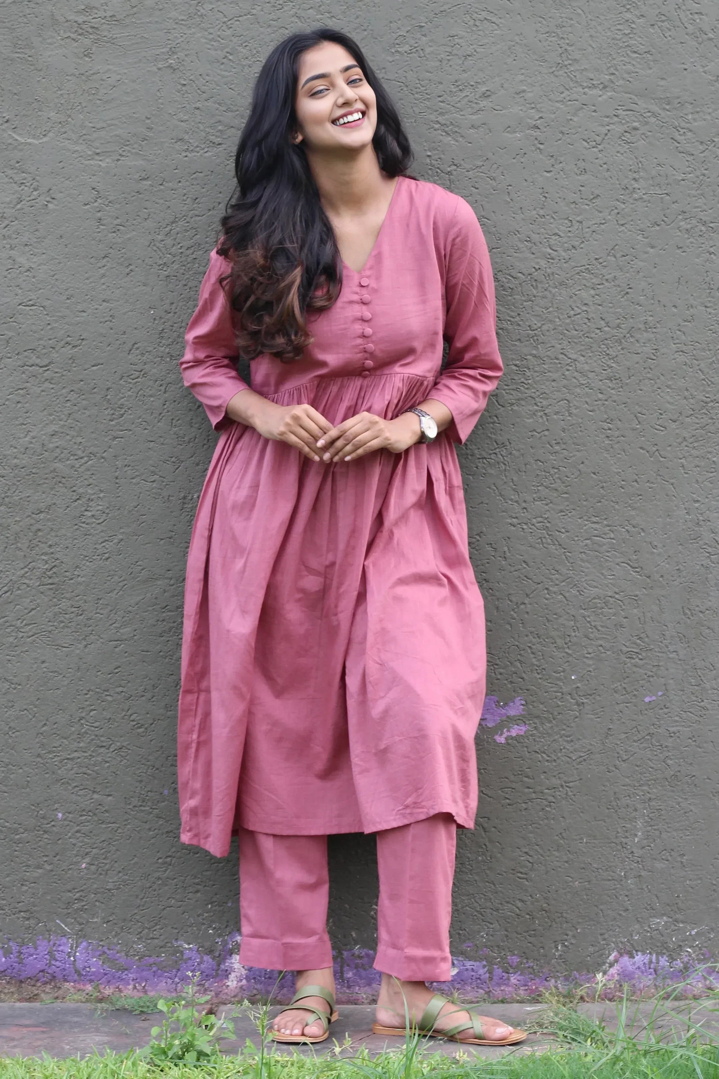 Pink Kurta Set with Front Buttons