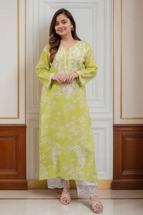 Lime Green Chikankari Kurta with Palazzo