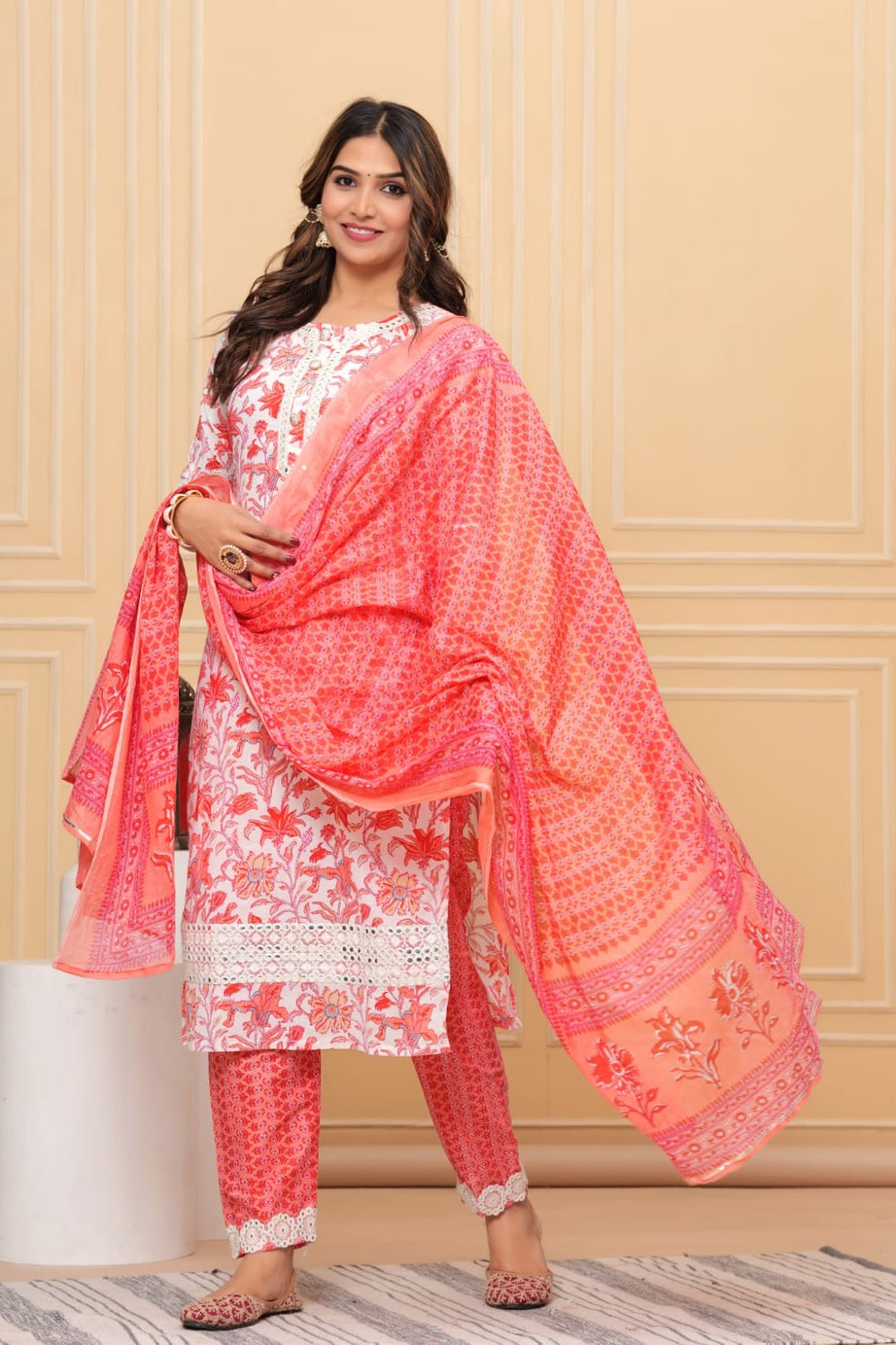 Pink Cotton Floral Print Kurta Set