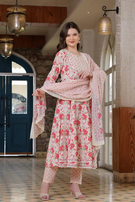 Pink Cotton Embroidery Anarkali Kurta Set