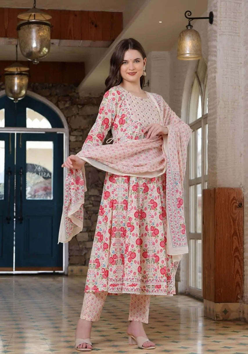 Pink Cotton Embroidery Anarkali Kurta Set