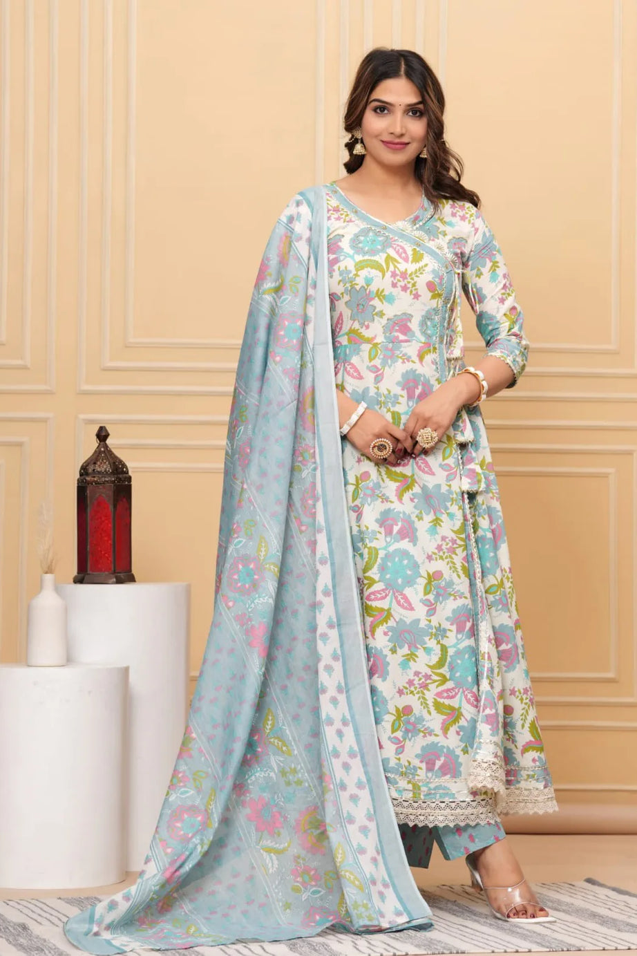 Blue Cotton Angrakha Floral Kurta Set