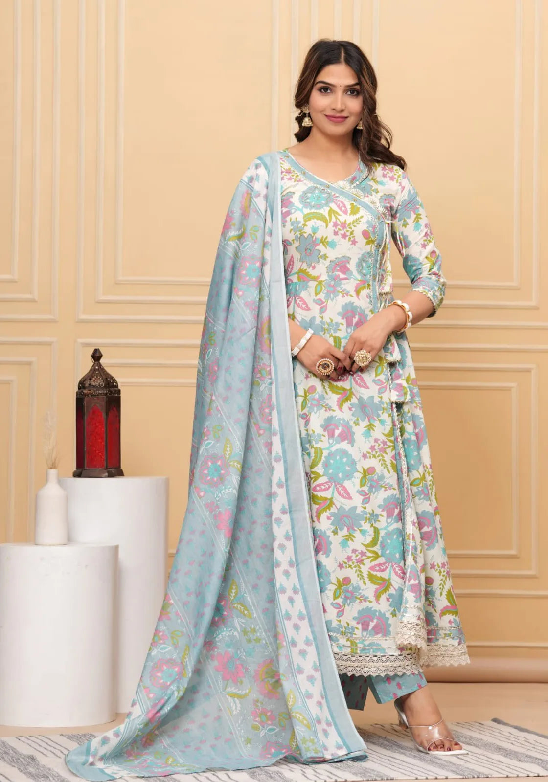 Blue Cotton Angrakha Floral Kurta Set