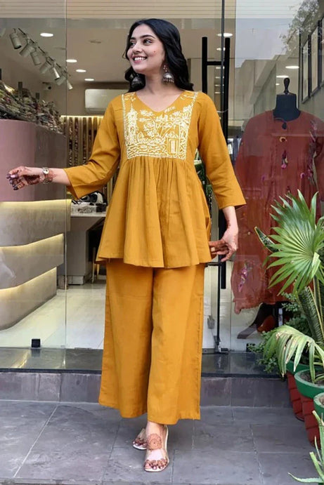 Mustard A-line Embroidery Kurta with Palazzo