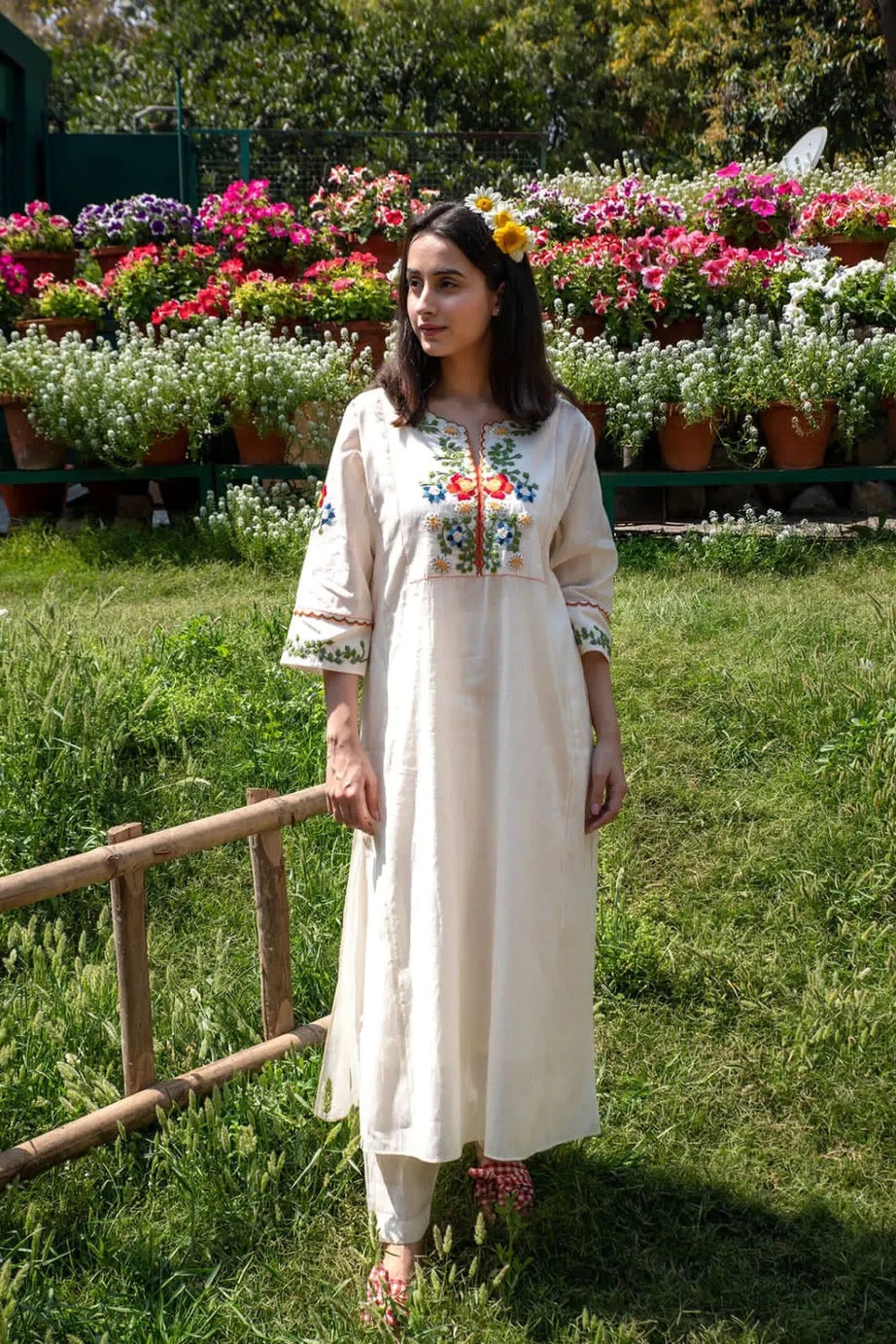 White Embroidered Kalidar Kurta With Pant