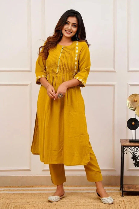 Mustard Pintex A-Line Kurta with Pant