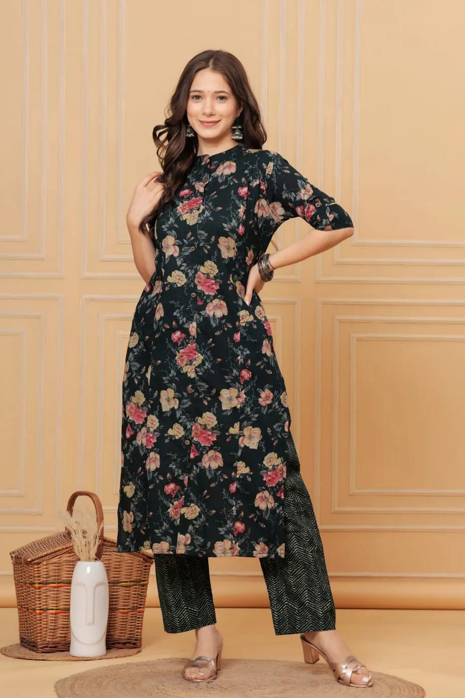 Dark Green Cotton Floral Print Kurta with Pant