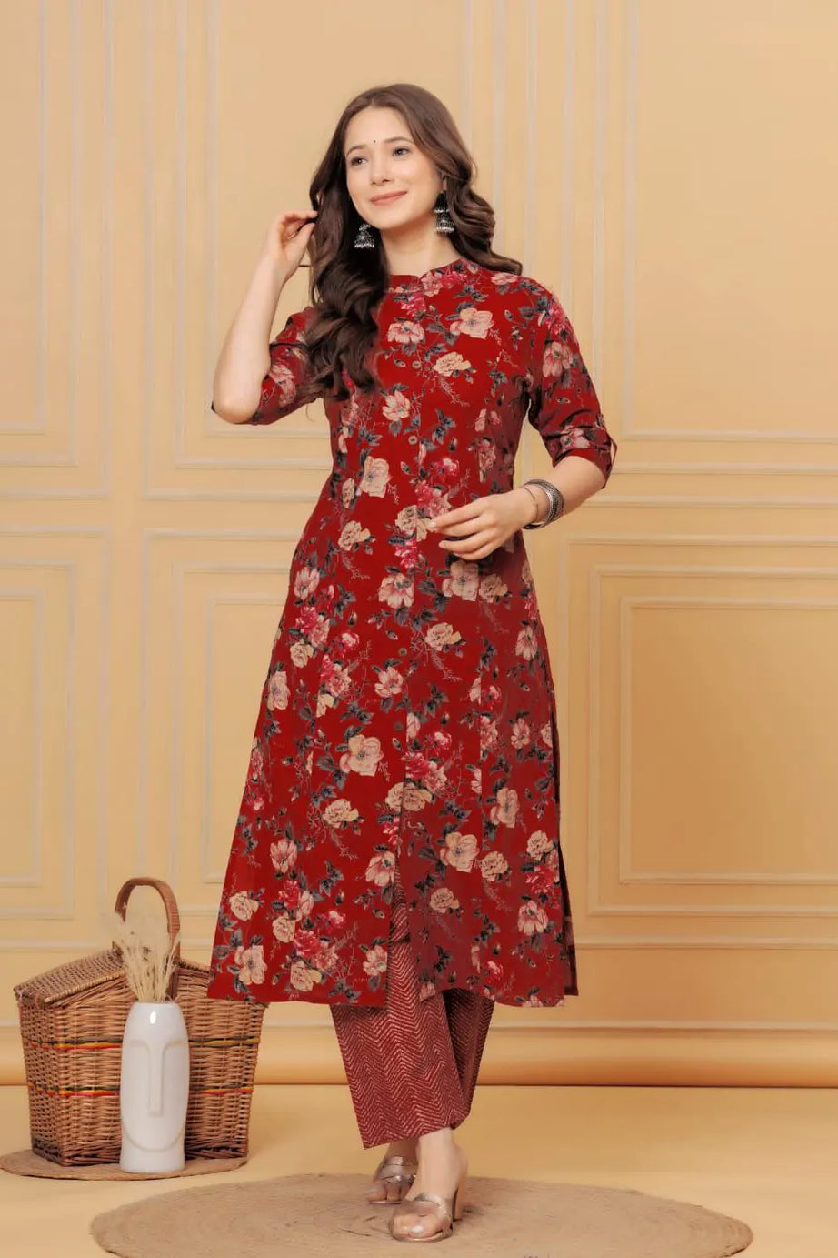 Red Cotton Floral Print Kurta with Pant