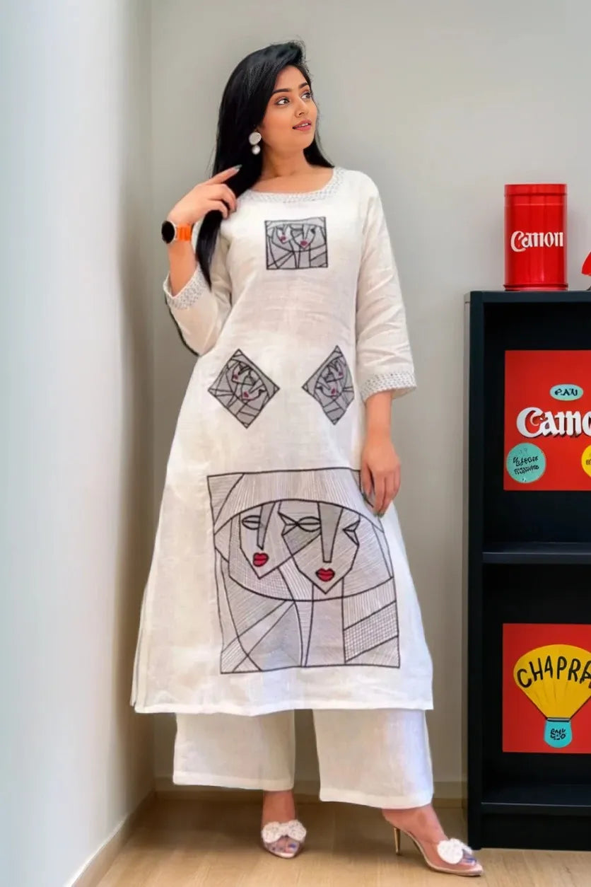 White Cotton Flex Kurta With Palazzo