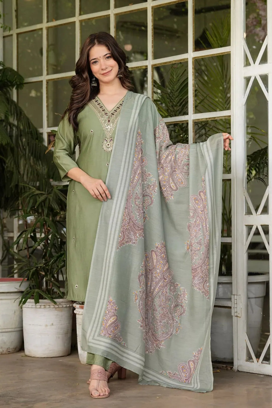 Green Modal Silk Sequins Kurta Set