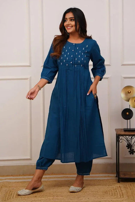 Blue Pintex A-Line Kurta Set