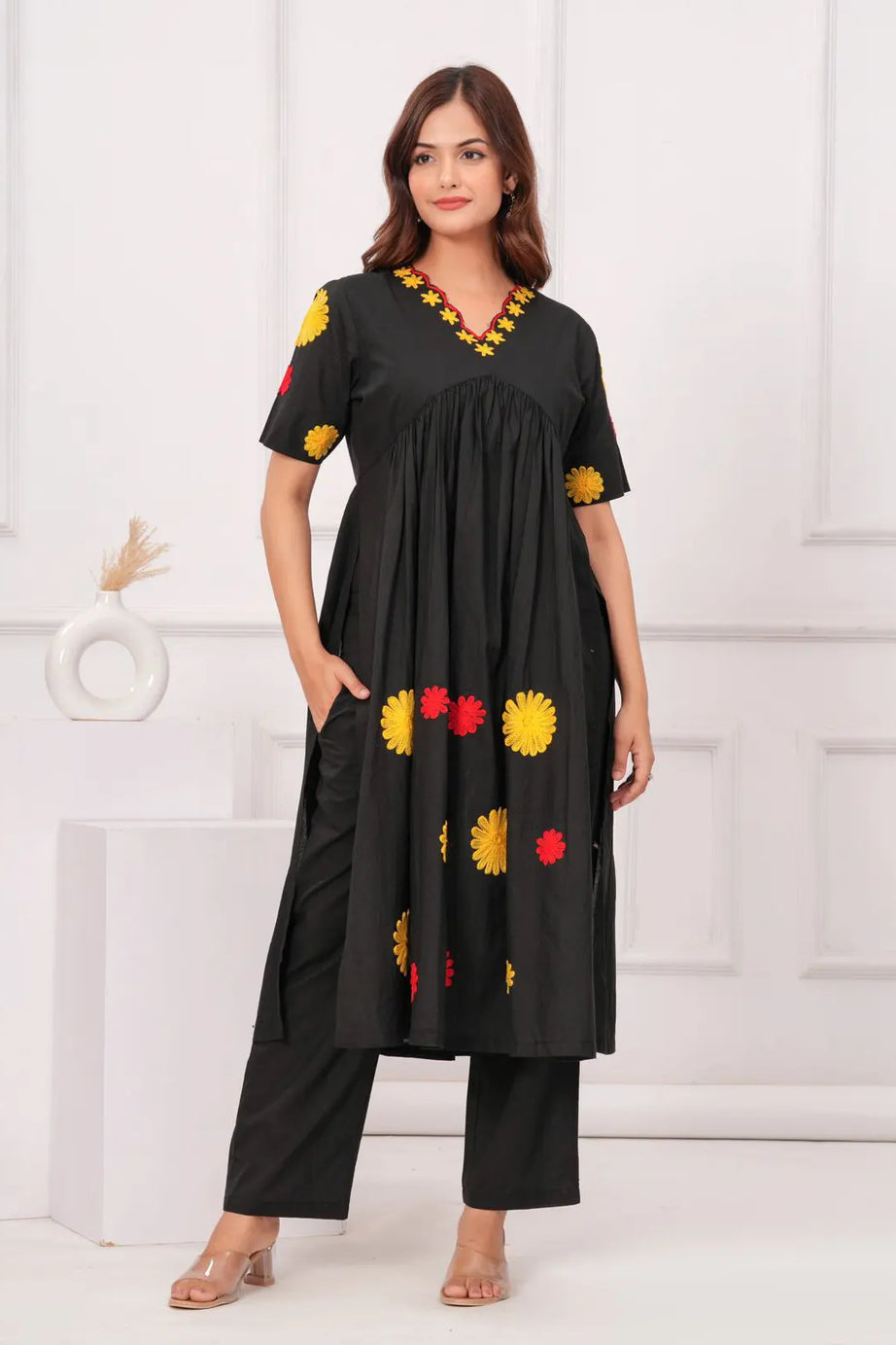 Black Embroidered Cotton Kurta Set