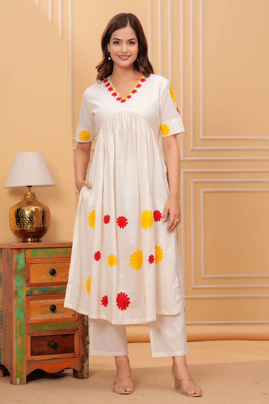 White Embroidered Cotton Kurta Set