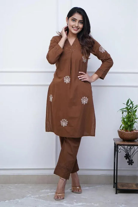 Brown Embroidered Kurta with Pant